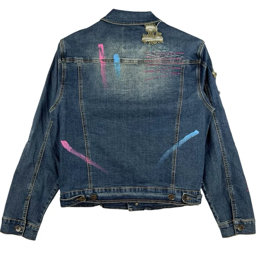 NWT Create 2MRW Men's Blue Jacket Size M Distressed Hand Painted Stretch $160.00